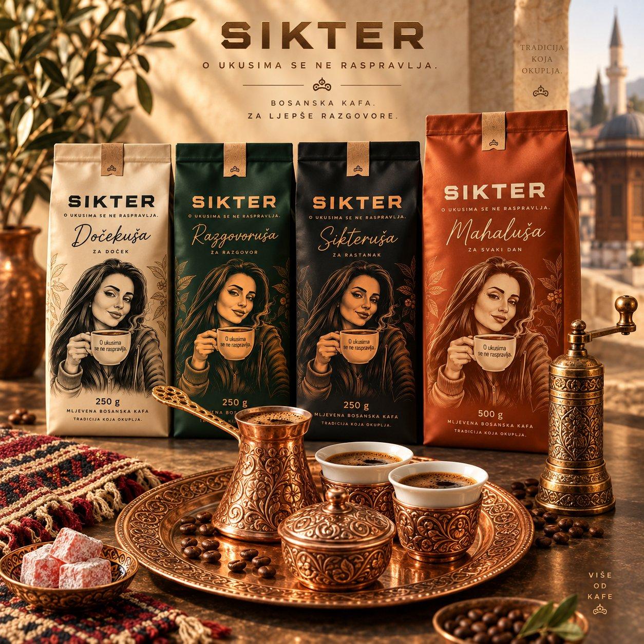 Four SIKTER coffee bags with a copper džezva, two cups and a brass hand grinder